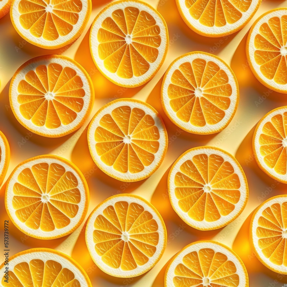 pattern of fresh orange slices background, colorful seamless texture, close up , generative ai