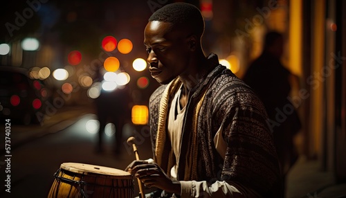 Young african musician, man playing bongo drum outdoors, AI generative