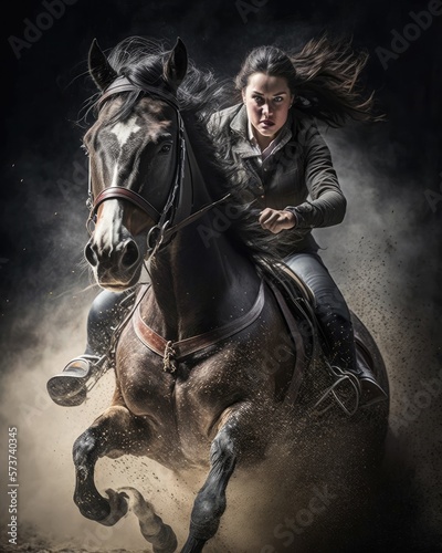 Female rider on beautiful horse running gallop, Generative AI © Adriana