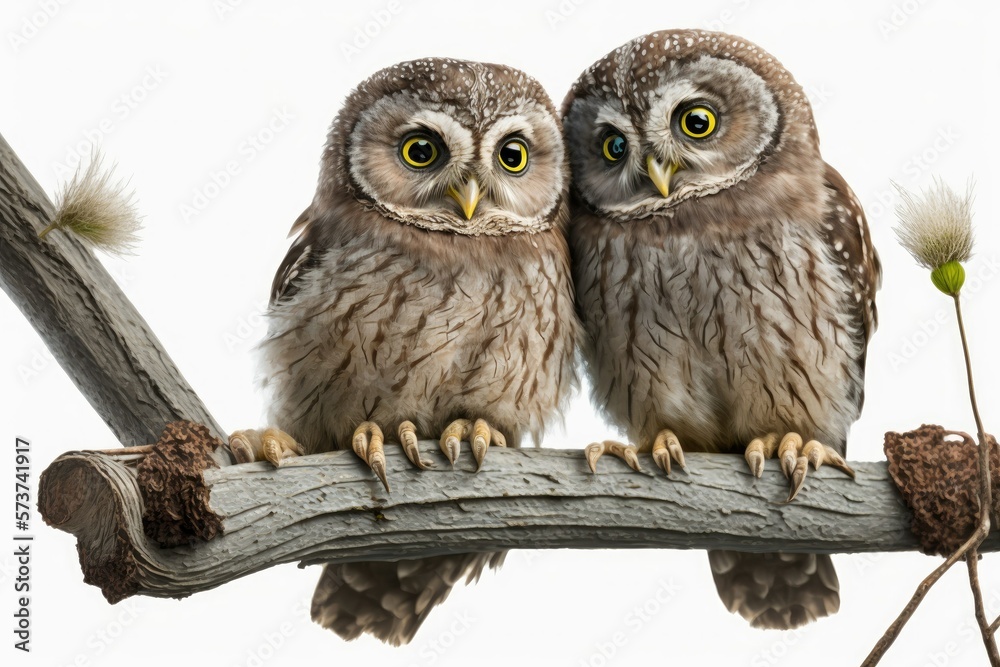 Fototapeta premium Small owlets (Athene noctua) perched on a stick together. Generative AI
