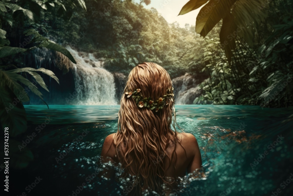 Young Beautiful Woman Swimming in the Tropical Jungle, generative ai Young Beautiful Woman Swimming in the Tropical Jungle, generative ai