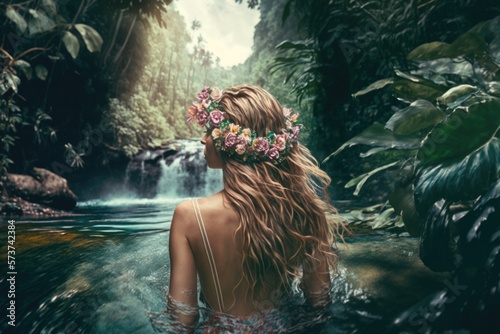 Happy Young Woman Swimming in the Deep Jungle, generative ai