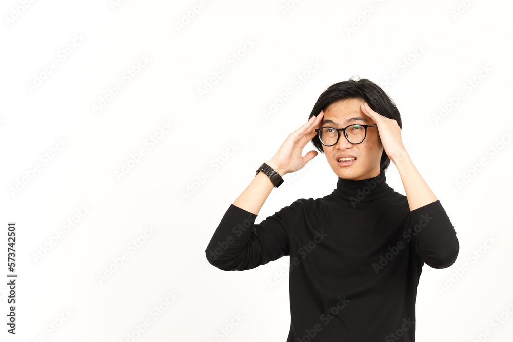 Suffering Headache Gesture Of Beautiful Asian Man Isolated On White Background Suffering Headache Gesture Of Beautiful Asian Man Isolated On White Background