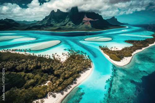 Bora Bora Aerial view. Tahiti, French Polynesia. White Sandy Beach and Mountain. Palm Trees and Blue Lagoon, generative AI © Kien