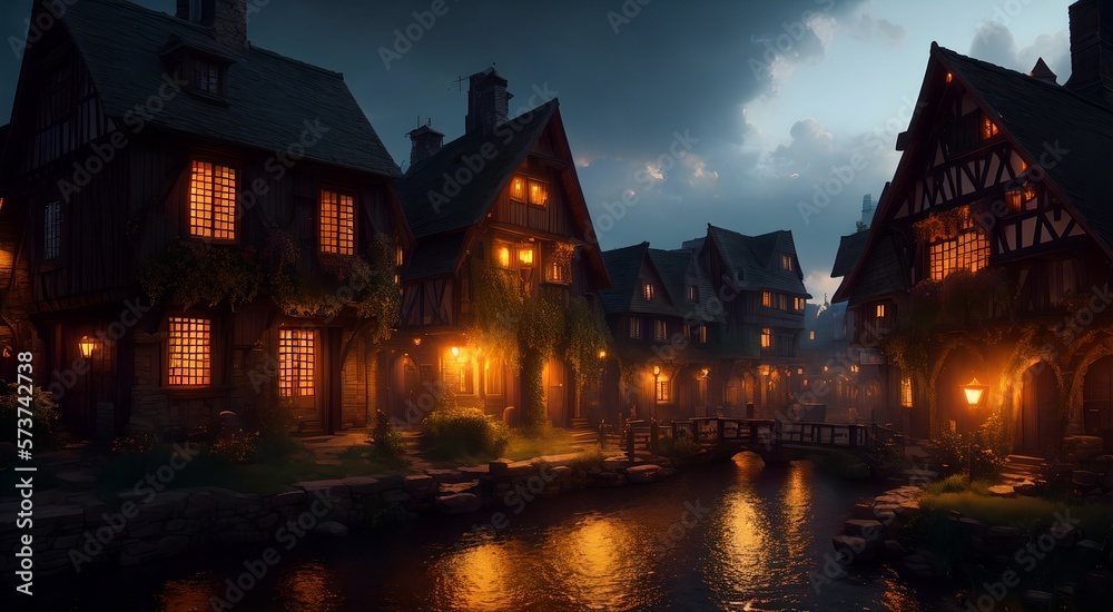Fototapeta premium Old medieval village at night [AI Generated]
