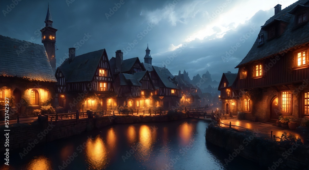 Obraz premium Old medieval village at night [AI Generated]