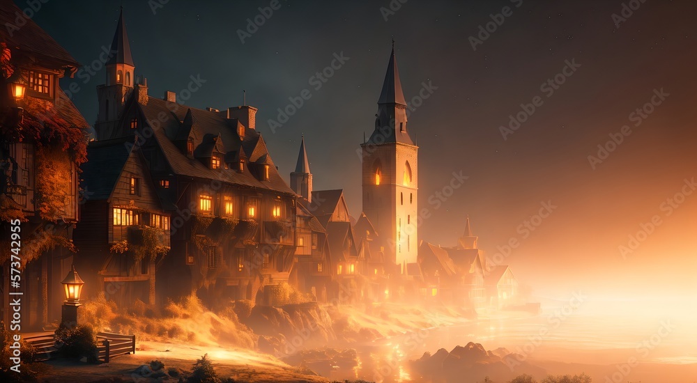 Naklejka premium Old medieval village at night [AI Generated]