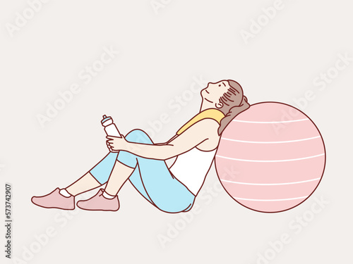 woman tired resting sit after training workout lean on rubber ball towel in her neck simple korean style illustration