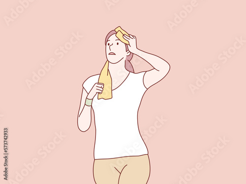 Woman tired resting after training workout wipe with towel simple korean style illustration