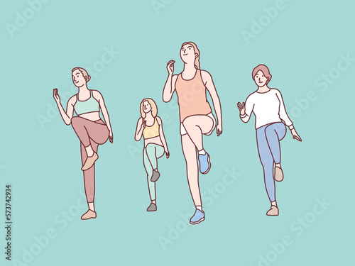 group of women working out in gym fitness sport training simple korean style illustration