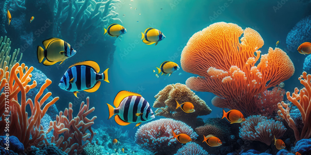 Colorful tropical fish coral scene background, Life in the coral reef underwater, generative AI - obrazy, fototapety, plakaty 