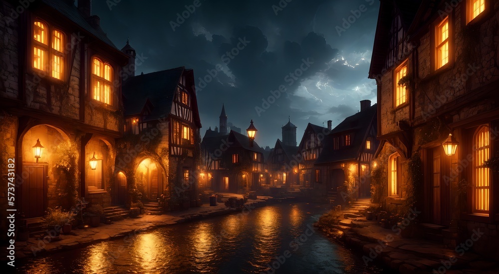 Fototapeta premium Old medieval village at night [AI Generated]