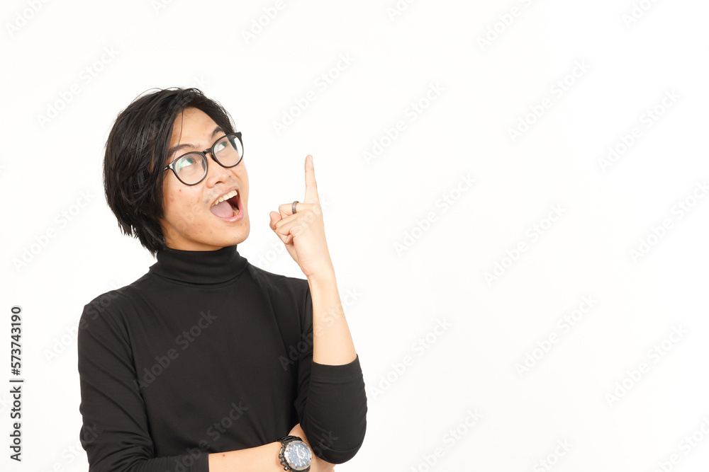 Showing Product and Pointing Up or Got Solution Of Beautiful Asian Man Isolated On White Background Showing Product and Pointing Up or Got Solution Of Beautiful Asian Man Isolated On White Background