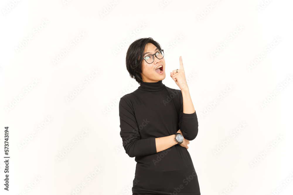 Showing Product and Pointing Up or Got Solution Of Beautiful Asian Man Isolated On White Background Showing Product and Pointing Up or Got Solution Of Beautiful Asian Man Isolated On White Background