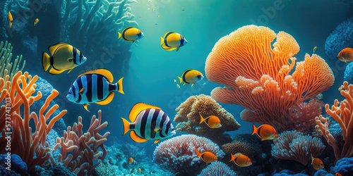 Canvas-taulu Colorful tropical fish coral scene background, Life in the coral reef underwater