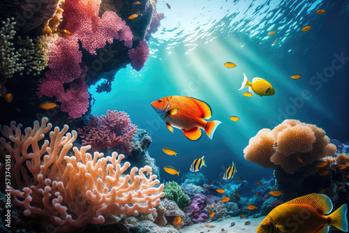 Colorful tropical fish coral scene background, Life in the coral reef underwater, generative AI