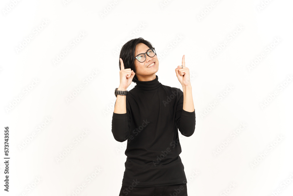 Showing Product and Pointing Up Of Beautiful Asian Man Isolated On White Background Showing Product and Pointing Up Of Beautiful Asian Man Isolated On White Background