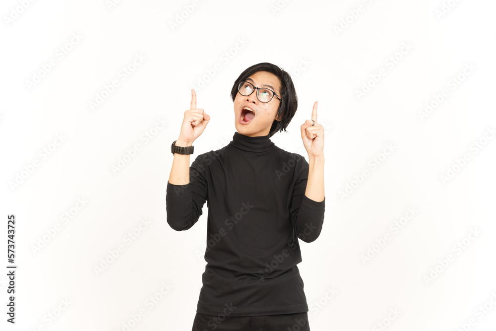 Showing Product and Pointing Up Of Beautiful Asian Man Isolated On White Background Showing Product and Pointing Up Of Beautiful Asian Man Isolated On White Background