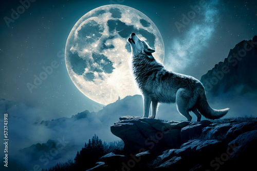 Wolf howling at the moon. Generative AI