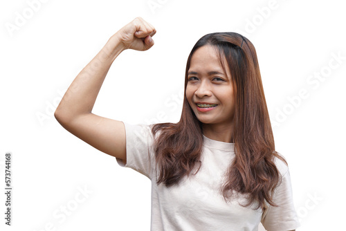 Asian woman flexing muscles