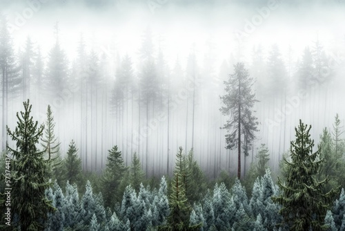 The misty evergreen forest spread out before you. Pine trees, ferns, and moss of tremendous strength. Tense and gloomy panorama. Estonia. Generative AI © 2rogan