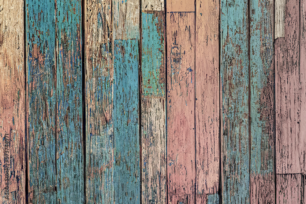 Aged and weathered textured background featuring old boards with blue and red shades. Surface of the boards appears rough and worn, with visible cracks and natural imperfections, adding character,ai 