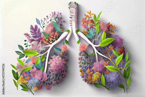 Healthy human lungs,  benefits of phytotherapy and aromatherapy for human health. Green leaves and delicate petals convey  highlighting the role of natural remedies in promoting a healthy lifestyle.ai photo