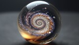 Spiral galaxy cosmos inside glass marbles. Glowing tiny universe with planets, stars, and suns. Astronomy and space.