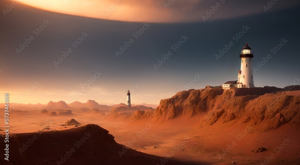 Fototapeta premium Post-apocalyptic desert lighthouse [AI Generated]