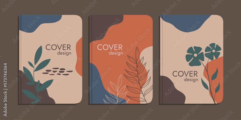 set of book cover designs with hand drawn foliage decorations. brown pastel color abstract aesthetic background. A4 size For books, binders, diaries, planners, brochures, notebooks, catalogs