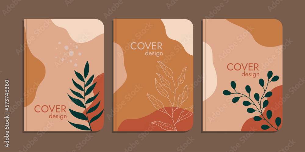 set of book cover designs with hand drawn floral decorations. abstract boho botanical background brown pastel color A4 size For book, binder, diary, planner, brochure, notebook, catalog