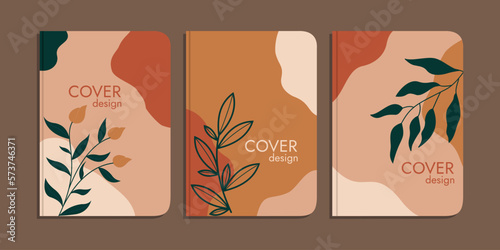 set of book cover designs with hand drawn floral decorations. abstract boho botanical background brown pastel color A4 size For book, binder, diary, planner, brochure, notebook, catalog
