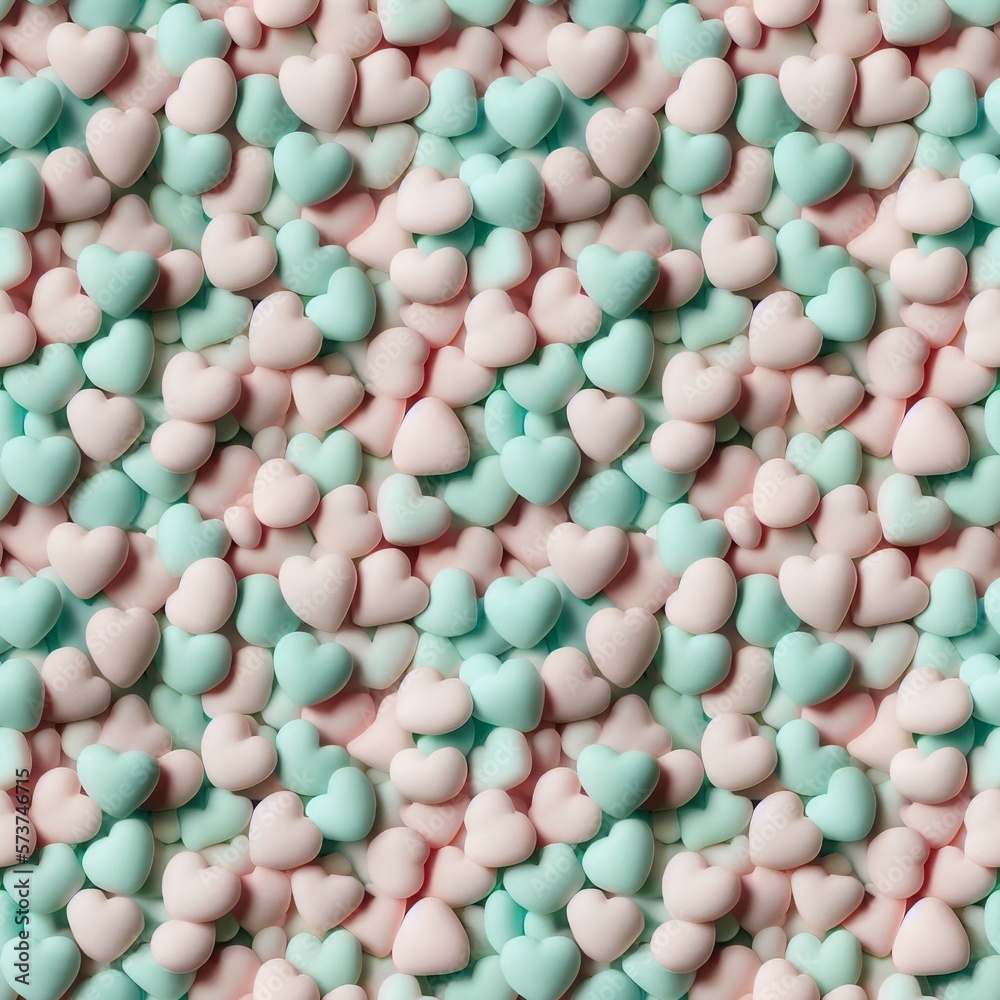 Seamless patterns Texture of marshmallows in the form of hearts of pink and greenish turquoise color in soft pastel colors. AI generated. Seamless patterns Texture of marshmallows in the form of hearts of pink and greenish turquoise color in soft pastel colors. AI generated.