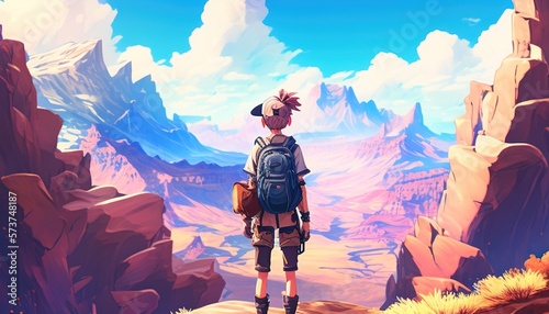 Adventurous hiker in a dreamy realm with backpack