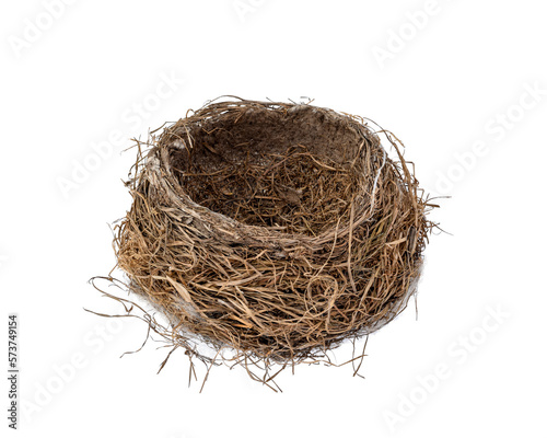 Empty bird nest isolated cutout top view on transparent
