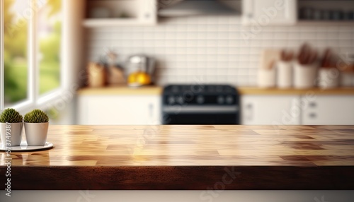 Empty tabletop over defocused kitchen with copy space . blarred bakcground generative ai