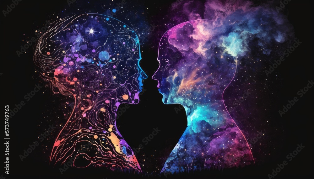 Man and woman silhouettes at abstract cosmic background. Human souls couple in love. Astral body, esoteric generative ai Man and woman silhouettes at abstract cosmic background. Human souls couple in love. Astral body, esoteric generative ai