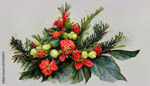 Excellent New year arrangement with poinsettia flower, ilex, fir branch with cones for design. Generative Ai