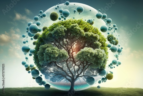 Carbon dioxide  CO2  molecules in the sky  surrounded by a tree canopies  and oxygen  O2  molecules. Generative AI