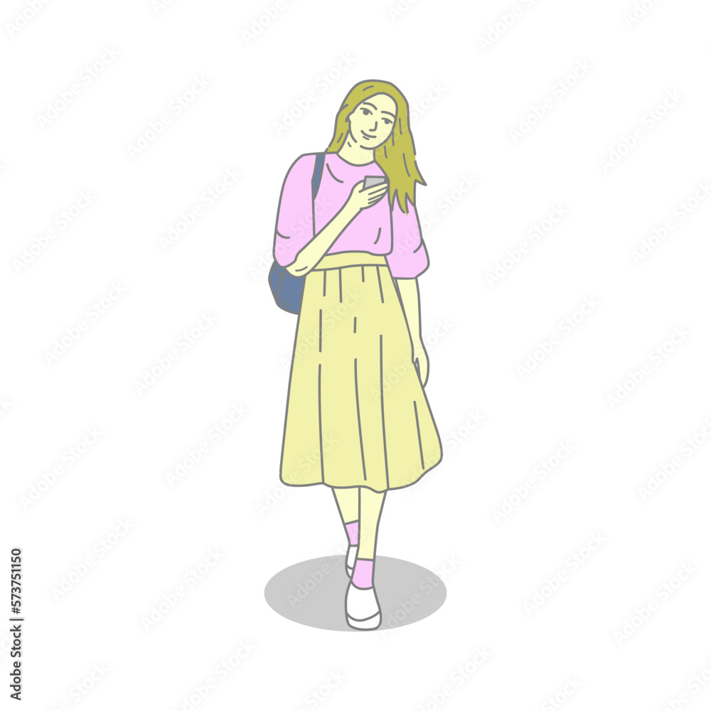 vector illustration of girl in trendy dress style clothes.model standing with carrying bag and holding handpone.korean style.hand drawn concept
