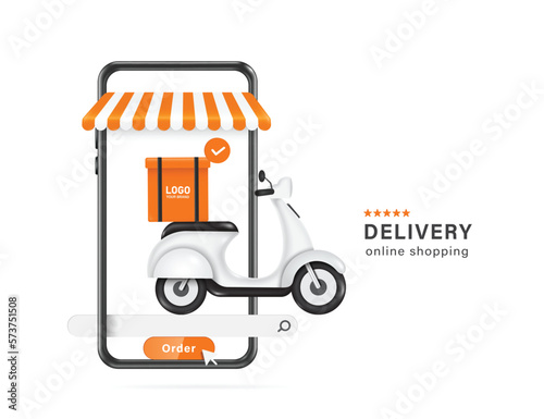 motorcycle or scooter with an orange food box or bag behind it. And there is a search bar and an order button at bottom and all display front smartphone