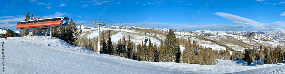 Top of the mountain at Park City ski resort area during winter in the Wasatch Mountains near Salt Lake City, Utah in the western United States. 