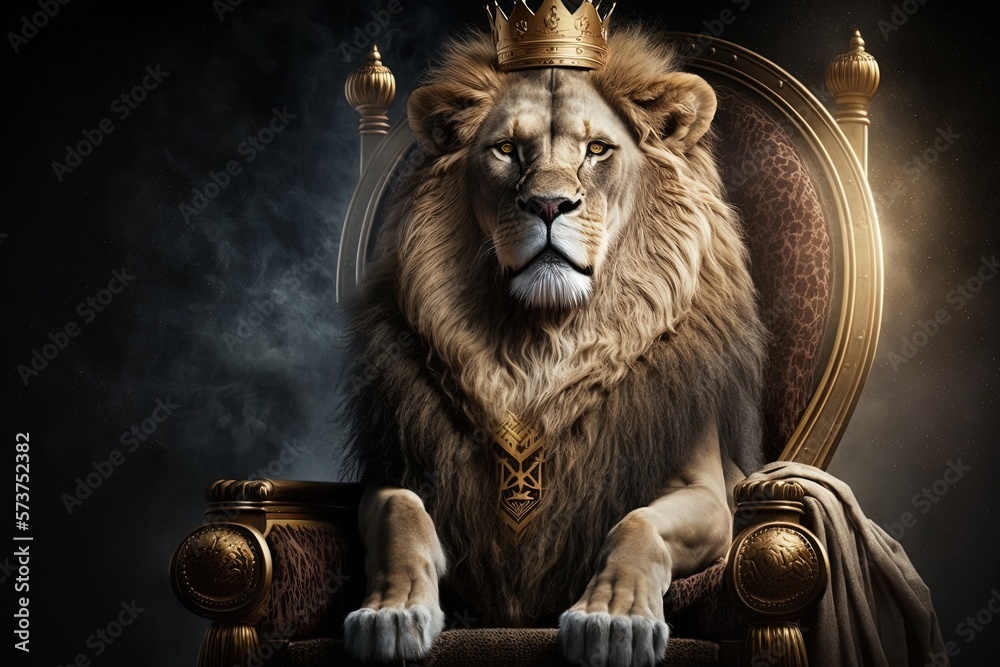 Royal lion wearing a gold crown and red cloak sitting on a golden and ...