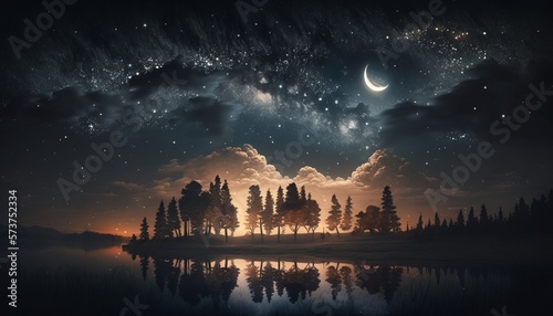 Night sky with stars and moon. Ai generative.