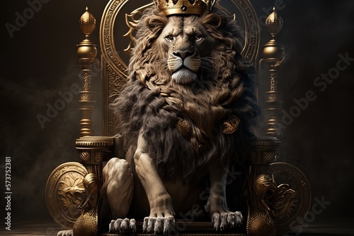 Royal lion wearing a gold crown and red cloak sitting on a golden and red throne. Golden shining king of beasts lion on a royal golden throne.AI generative illustration