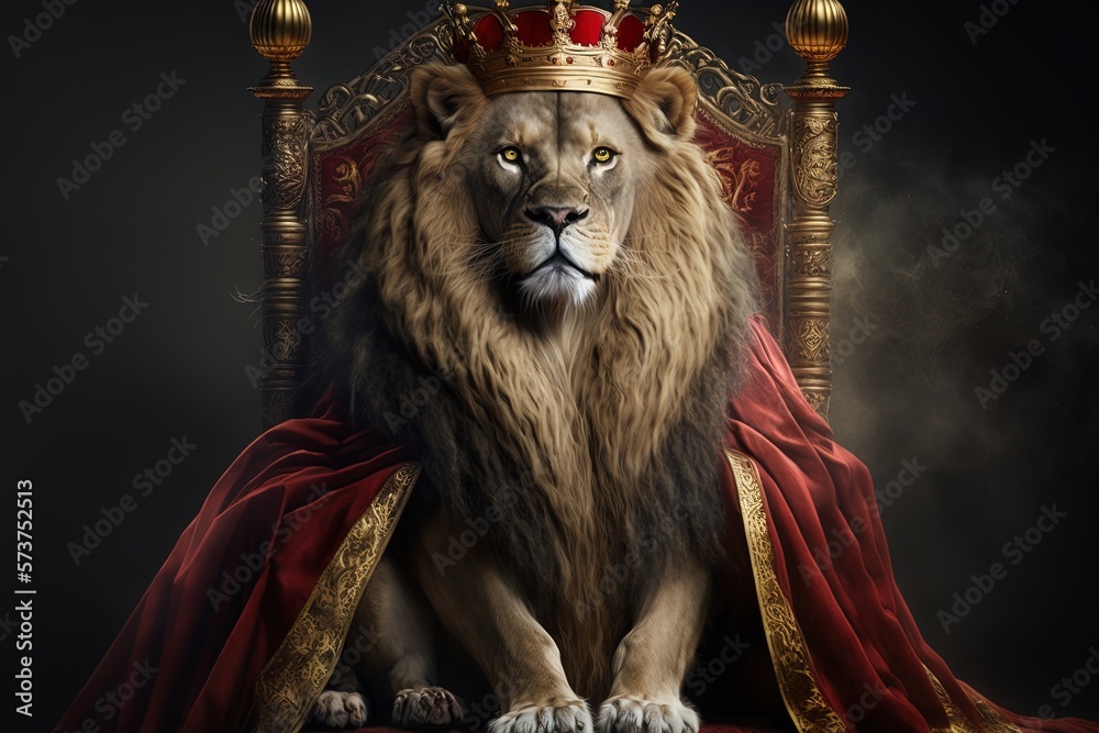 Royal lion wearing a gold crown and red cloak sitting on a golden and ...