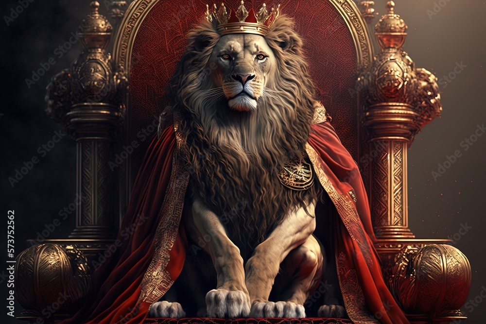 Royal lion wearing a gold crown and red cloak sitting on a golden and ...