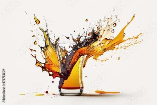 Beer splattering within a glass against a white background. Generative AI