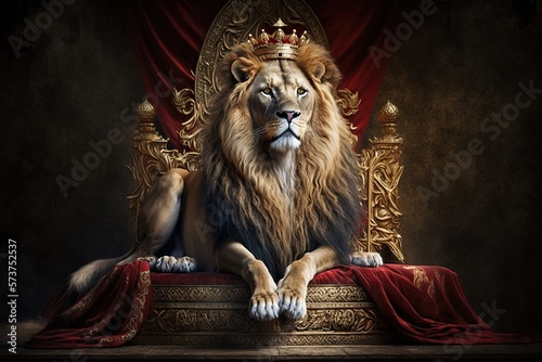 Royal lion wearing a gold crown and red cloak sitting on a golden and red throne. Golden shining king of beasts lion on a royal golden throne.AI generative illustration