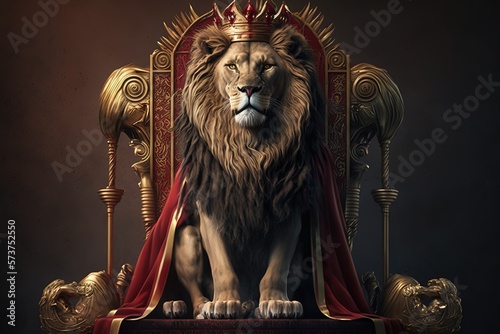 Royal lion wearing a gold crown and red cloak sitting on a golden and red throne. Golden shining king of beasts lion on a royal golden throne.AI generative illustration
